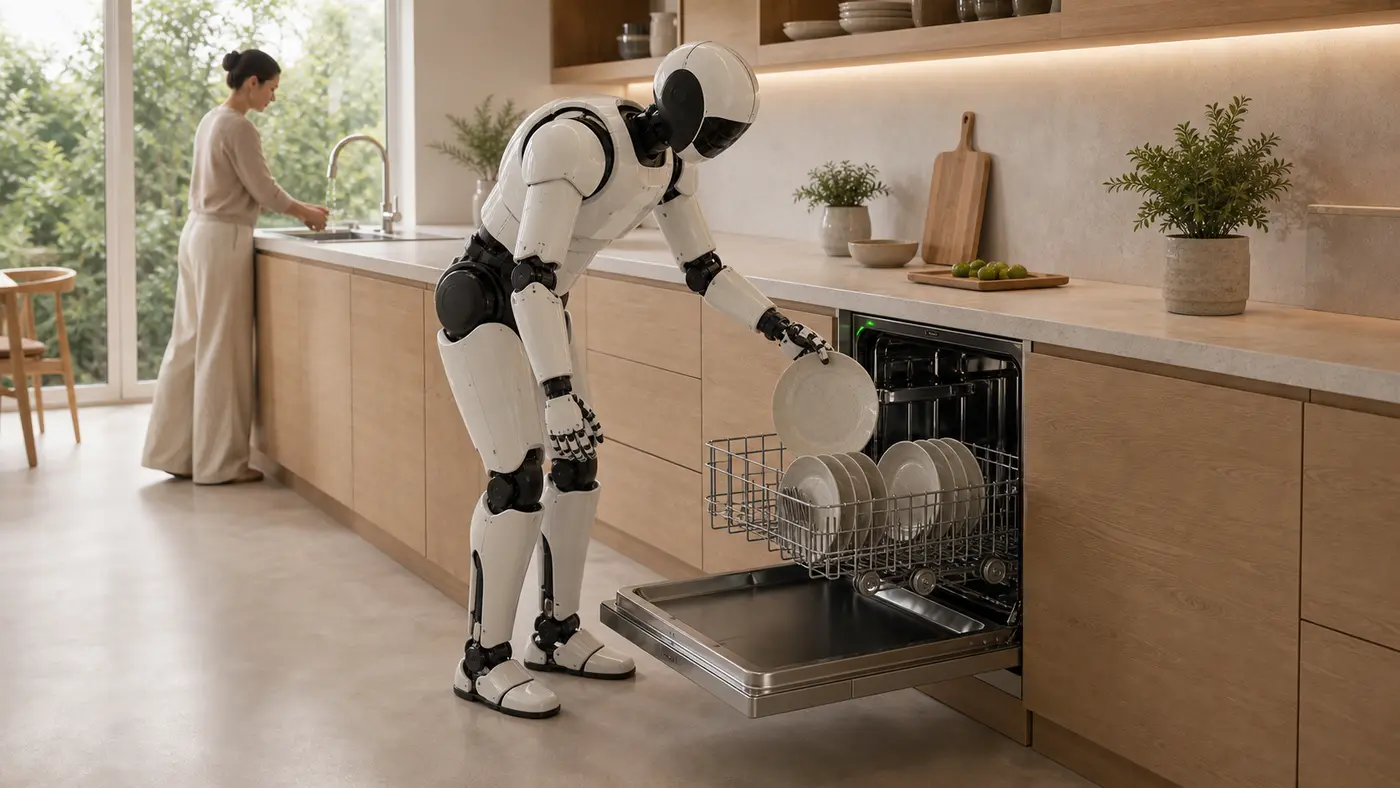 A full-height humanoid robot stands on the kitchen floor beside an open under-counter dishwasher, loading one plate into a fully extended lower rack while a person works at a separate sink zone