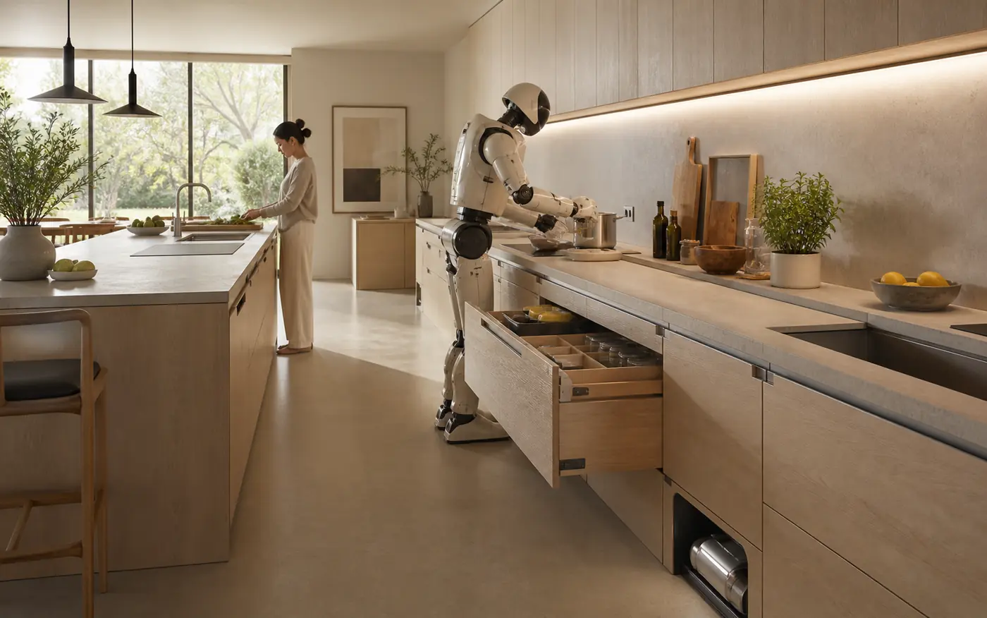 A person and a humanoid robot working independently in a warm timber kitchen