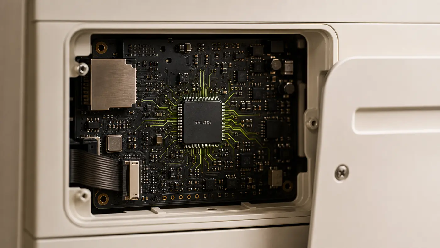 A macro view inside an appliance service cavity shows RRL/OS embedded directly on the OEM control board's application system-on-chip