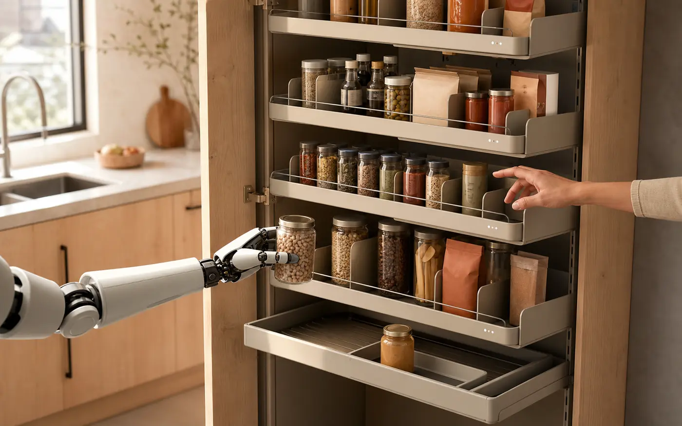 A pull-forward pantry reached by a person and robot